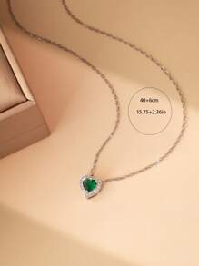1pc Women's Fashion Elegant Green Cubic Zirconia Heart-Shaped Titanium Steel Silver Plated Adjustable O-Chain Necklace, Suitable For Party And Daily Wear