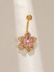 1pc Luxury 5-Petal Flower Design Stainless Steel Women's Elegant Shiny Synthetic Cubic Zirconia Teardrop Belly Button Ring - Ideal Birthday Gift For Family And Friends - Yellow Gold - View 2