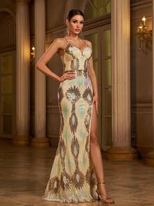 Missord Women's Elegant V-Neck Slit Sequined Backless Halter Evening Dress - Gold - View 8