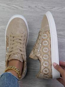 秋冬女士休闲鞋、时尚运动鞋、街头风格轻便滑板鞋 - 卡其色 - 查看 2