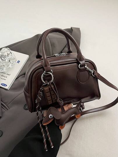 1pc Retro Bowling Bag For Women, PU Leather Material, Minimalist Solid Color Handbag, Multifunctional Shoulder Crossbody Bag, Suitable For Work, Commute, Date, Party, Brown