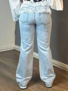 Solid Color Wash Blue High-Waisted Jeans, Loose Diagonal Pocket Zipper Button Open And Close Jeans, Women's Jeans And Clothing - Babyblå - Visa 4