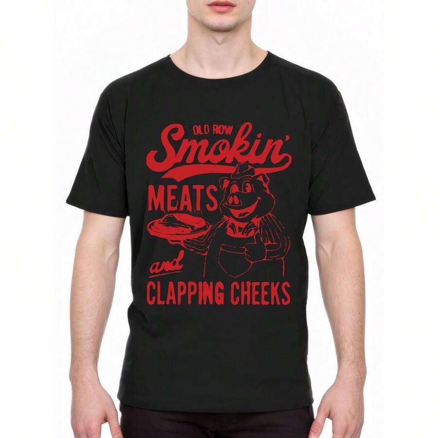 Latest Products Men's "Old Row Smokin' Meats And Clapping Cheeks" Fun Pig Graphic T-Shirt - Black Cotton, Round Neck, Short Sleeve, Regular Fit, Ideal For Summer Casual Outings - Black - View 1