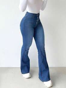 Women's Jeans, Slim Hip-Lifting American Bell Bottoms, Single-Breasted Design, Elastic Mid-Waist, Solid Color, Versatile, Elegant, Fashionable And Sexy, And Its New Daily Trousers In Autumn And Winter. - 深色水洗藍 - 查看 2