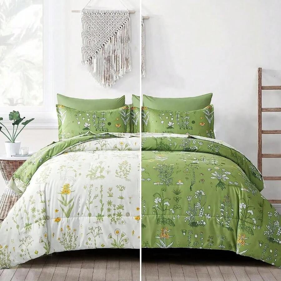 3 Pieces Floral Comforter Set Double Queen King Size,Bed In A Bag Green Bedding Sets Botanical Microfiber Comforter Soft Lightweight Bed Set With Pillowcases,Halloween Bed Room Decro,Christmas Gifts,All Season - 綠色 - 查看 1