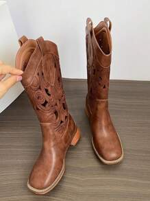 Retro Brown Western Cowboy Boots, Women Spring Autumn 2025 New V-Cut Hollow Mid-Calf Rider Boots, Vintage Style