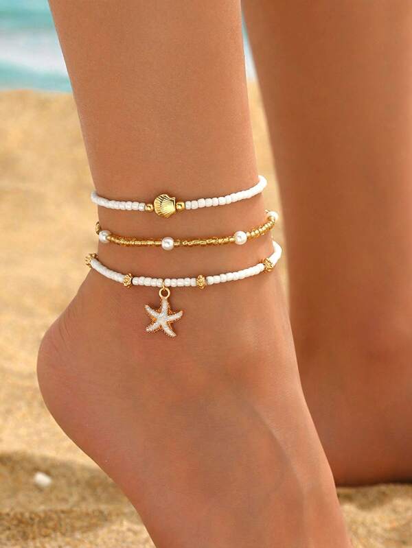 3pcs Bohemian Style Fashion Faux Pearl Metal Starfish Beaded Anklets, Suitable For Women Beach Wear, Gift For Friends Travel