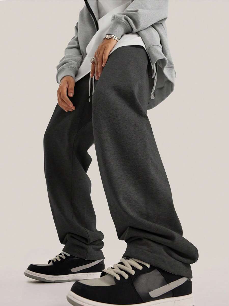 1 件男士抽绳腰宽松阔腿休闲运动裤，秋冬 - 深灰色 - 查看 1
