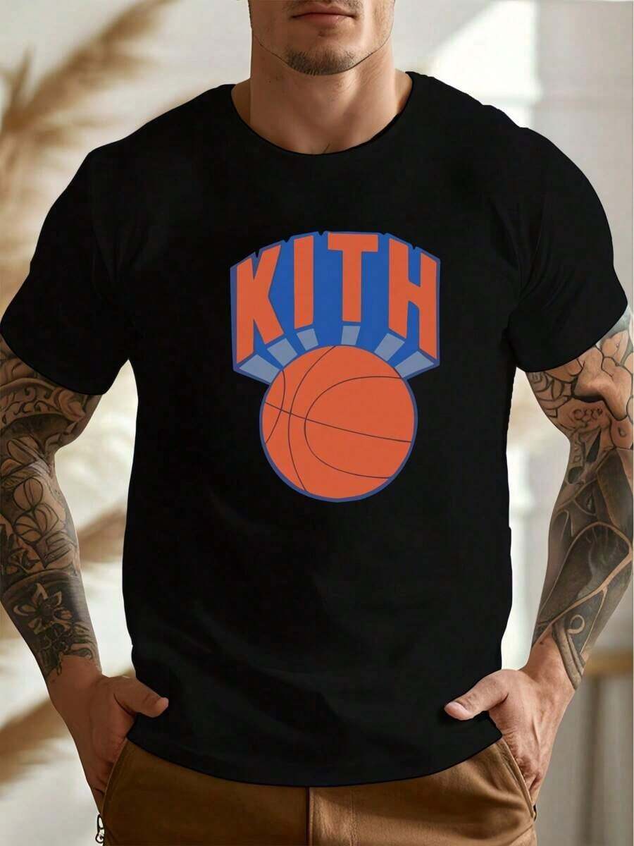 Men's KITH Basketball Pattern T - Shirt , Men's 220gsm New Summer Casual Crew Neck Pure Cotton Short-Sleeved T-Shirt(1 PC)Summer Outfits Summer Tops Country Concert Outfit Vacation Outfits Going Out Tops-(Yoo) - 黑色 - 查看 1