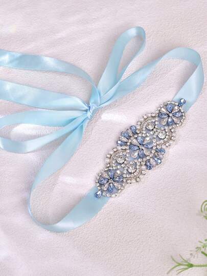 1条浅蓝色水钻婚礼腰带，手工制作，适合生日派对和婚礼，简约贴片伴娘腰带，新娘配饰