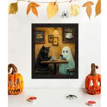 1 件/2 件复古简约可爱幻想风格帆布印刷装饰海报，两个万圣节鬼魂和一只喝咖啡的小黑猫，万圣节墙壁艺术，儿童房、咖啡馆、甜品店、万圣节主题空间的装饰品，无框