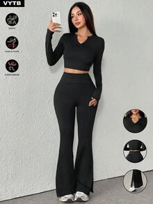 2pcs/Set Fashionable Slim Fit Solid Color T-Shirt And Sweatpants Casual Sportswear Set - Black - View 1