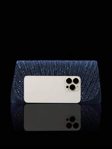 Shiny Rhinestone Flap Evening Bag Party Bag, Elegant And Fashionable Pleated Clutch Prom Bag, With Shiny Rhinestone Jewelry Three Pieces Set, Suitable For Parties, Dinners, Gatherings, Dances, Weddings. - Navy Blue - View 7