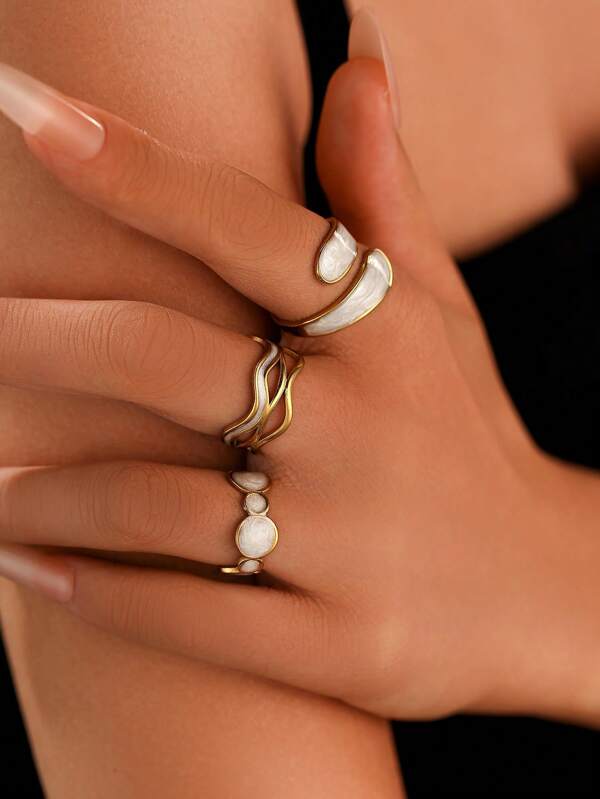Set de 3 anillos artísticos asimétricos de acero inoxidable pintados, adecuados para el uso diario de mujeres
