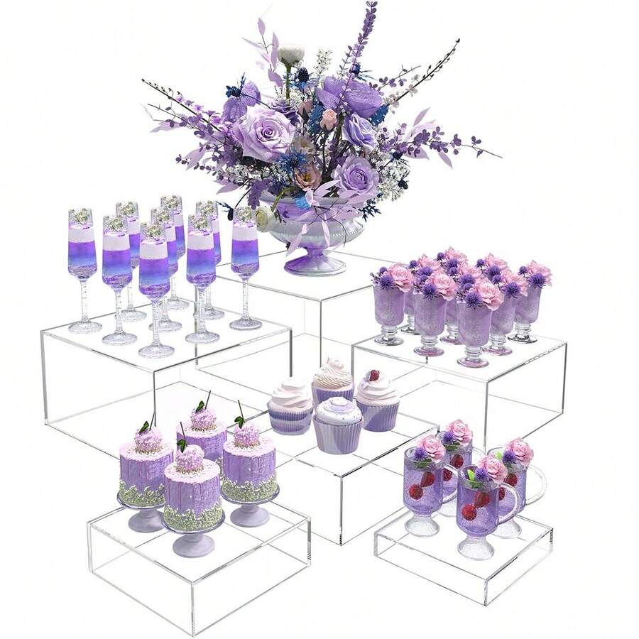 自助食品展示架，透明亚克力意大利面分配器，自助餐桌食品甜点展架，带空心底部的立方体嵌套展示柱 - 無色 - 查看 1