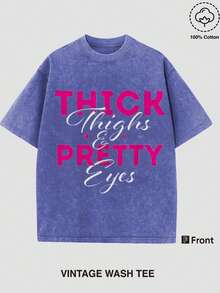 Short Sleeve T-Shirt Vintage Wash Tee Black Thick Thighs & Pretty Eyes Graphic Print Casual Daily Wear Man's Graphic Tee Christmas Gift - 藍色 - 查看 1