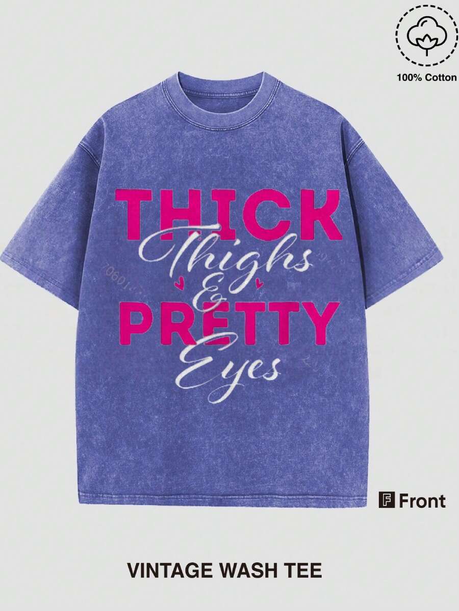 Short Sleeve T-Shirt Vintage Wash Tee Black Thick Thighs & Pretty Eyes Graphic Print Casual Daily Wear Man's Graphic Tee Christmas Gift - 藍色 - 查看 1