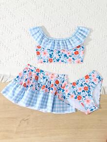 Blue Floral Print; Gingham Ruffle Trim Young Girls Beach Swimsuit Set - Multicolor - View 2