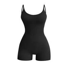 Women Workout Seamless Jumpsuit Yoga Ribbed Bodycon One Piece Spaghetti Strap Shorts Romper ﻿ - Black - View 5