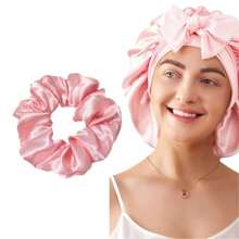 2 Stücke Haaraccessoires Set: Damen einfarbige Schlafmütze mit 1 Stück passenden großen Scrunchie, weich atmungsaktiv und einstellbar für Dusche, Make-up, Gesichtsmaske, Zuhause oder Hotel-Nutzung