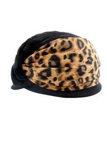 1pc Chic Leopard Print & Black Satin Turban Hat For Women – Pre-Tied Fashion Headwrap For Stylish Looks, Parties, And Casual Wear