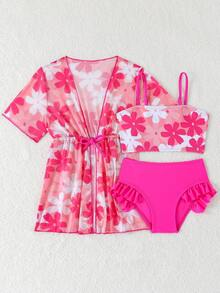 Pink Cherry Blossom & Fresh Green Floral Print Young Girls Bikini Set - Multicolor - View 2