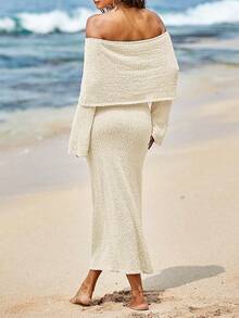 Saodimallsu Womens Off Shoulder Summer Maxi Dress Bell Long Sleeve Sexy Bodycon Strapless Sheer Beach Swimsuit Coverup - 米色 - 查看 5