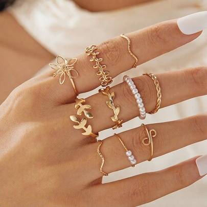 Bộ 10 chiếc nhẫn mạ vàng thiết kế hoa rỗng thanh lịch, phụ kiện thời trang cho đeo hàng ngày.