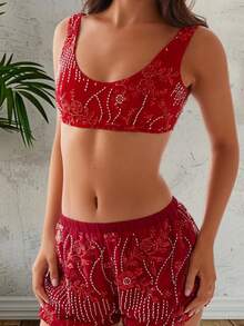 Women's Summer Sequin Bralette Slim Fit Stylish Scoop Neck Sleeveless Sparkly Crop Tops, S/M/L - Red - View 2