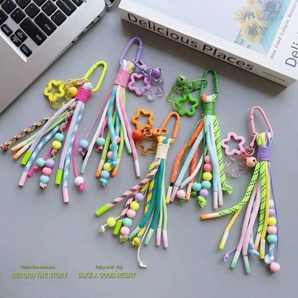 Multicolor Lanyard, Colorful Mobile Phone String, Creative Key Chain Pendant Decor, Beads & Star Charms For Bags, Backpacks, Clothes & Accessories