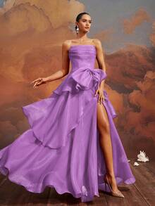 VIPGIRL Elegant Purple Strapless Bow-Tiered High Slit Gown, Floor-Length Formal Evening Dress, Women's Prom Dress, Chic Cocktail Party Dress, Glamorous Banquet Gown, Women Formal & Evening Dresses,Princess Style Bridesmaid Dress,Wedding Guest Dress