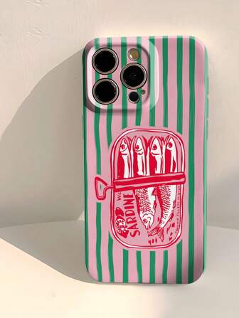 1pc Simple Cartoon Striped Sardine Fish Pattern Perforated Glossy Film Shell Full Coverage Phone Hard Case Compatible With IPhone 11/12/13/14/15/16 Pro Max Waterproof Shockproof Anti-Fall Scratch Resistant