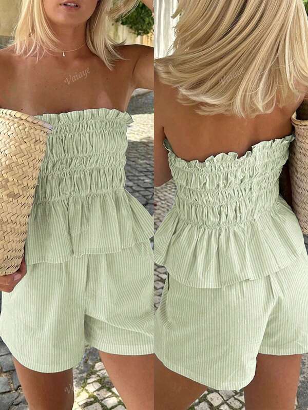 Women's Summer Hawaii Boho Tropical Beach Vacation Outfits 2Pecs-One Shoulder Striped Fungus Edge Summer Minimalist Everyday Bandeau Top And Shorts Set,Suitable For Date, Afternoon Tea, Holiday, Music Festival
