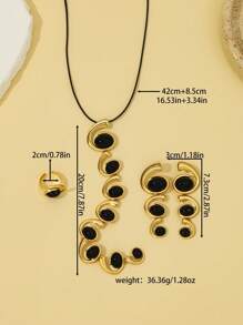 3pcs Set Fashionable Geometric Asymmetrical Spiral Shape Smooth Metal Embedded Black Oval Acrylic Exaggerated Extra Long Pendant Necklace, Metal Necklace, Earrings Set, Personalized Jewelry Set, Black Cord Y-Shaped Necklace, Pendant Necklace, Party Festival Jewelry Set, Dress Matching Jewelry Set