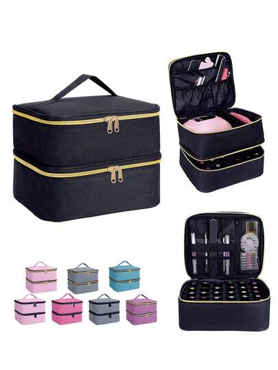 Nail Polish Organizer, Handheld Double Layer Organizer Holds 30 Bottles (15 Ml/0.5 Floz) With Adjustable Dividers For Nail Polish Small Manicure Lamp Manicure Tools Essential And Travel Travel Essentials Vacation Summer Holiday Back To School School Stuff Bag For School Travel Bag For Women Makeup Bag For Travel Make Up Bag