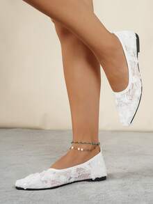 2025 New Pointed Toe Women's Shoes, Fashion Lace Patchwork Rose Flat Shoes, Breathable Hollow Out Outdoor Casual Party Loafers, Elegant And Gentle Style - White - View 5