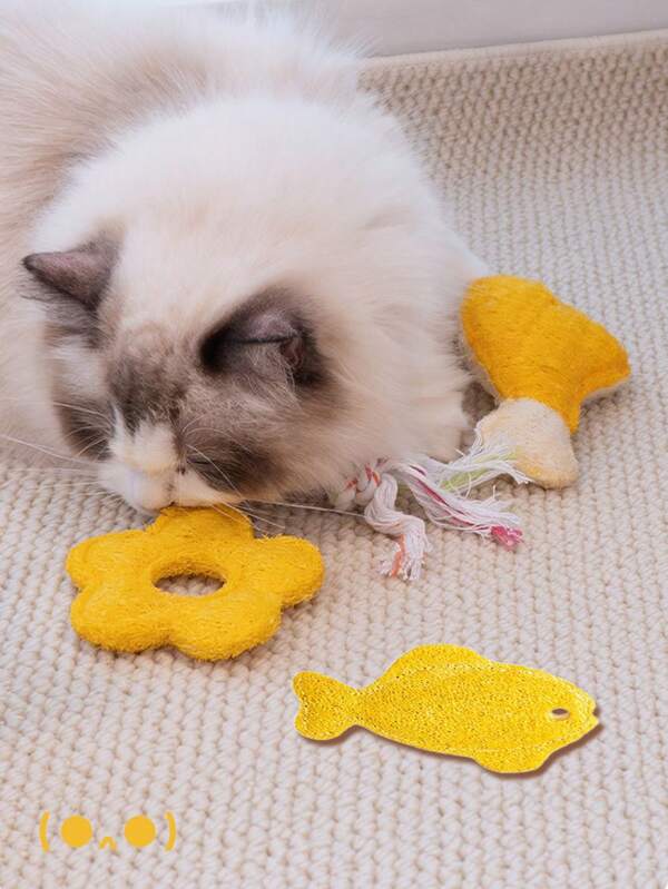 1PC Luffa Sponge Cat Toy - Interactive Teething & Dental Chew Toy With Paw Prints, Bite-Resistant Linen Material, No Batteries Needed For Indoor/Outdoor Play, Cat Toys For Teething, Playful Pet Design, Natural Texture