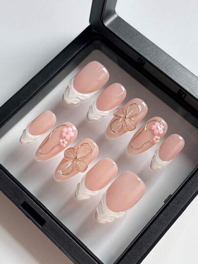 MXYIYANR 10 Stück mandelförmige handgefertigte Aufklebe-Nägel, weiße französische Fingerspitzen, 3D Blumen Dekoration, geeignet für Frühling und Sommer Damen Alltag, Feiertags Dekoration, mit Gelee Kleber und Nagelfeile Nagelbedarf