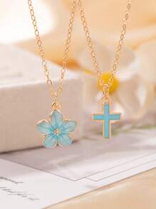 2pcs/Set Fashion Delicate Elegant Sweet Cross & Five-Petal Flower Pendant Necklace For Women, Suitable For Summer Beach Party Holiday Travel Daily Wear, Gift For Girlfriend/Wife