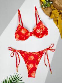 2 件玫瑰花卉印花性感扭背吊带比基尼，带钢圈，海滩度假夏季 - 紅色 - 查看 3