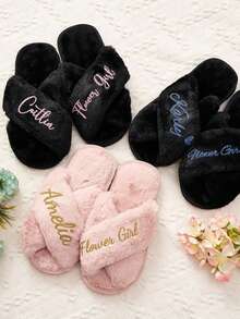 Personalized Bridal Slippers, Bridesmaid Gift, Bride Wedding Gift, Pom-Pom Bachelorette Party Slippers, Birthday Gift - Black - View 3