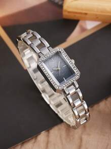 1 Stück Mode Damenuhr, Diamant Dekoriertes Uhrwerk Mit Quadratischem Zifferblatt Und Zartem Armband Aus Quarz