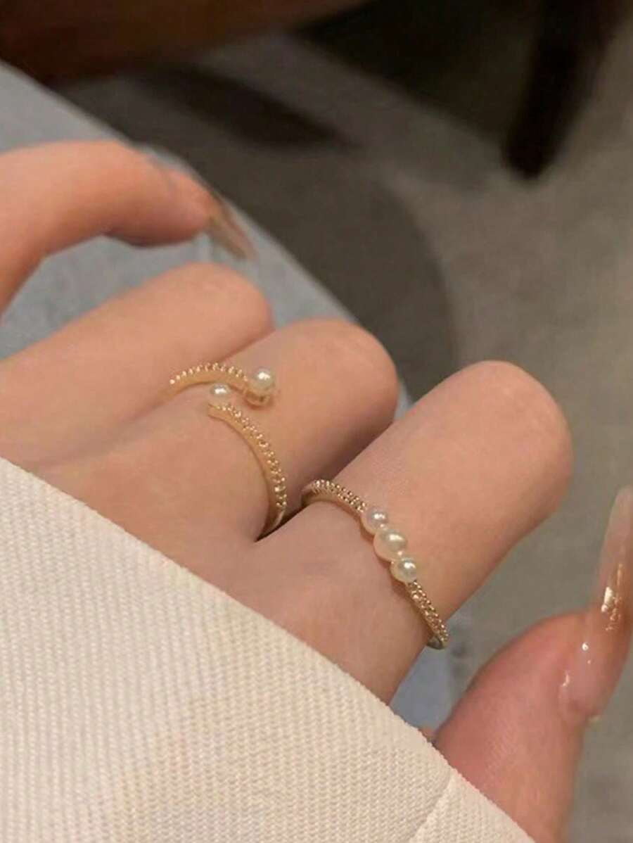 2 pièces Bagues ouvertes minimalistes luxueuses et élégantes avec perle, pour femmes