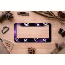 12"X6" Chrome Metal Purple Butterfly Swirl Car License Plate Frame - Universal Auto License Plate Tag Holder Frame Cover - Variant1 - View 4