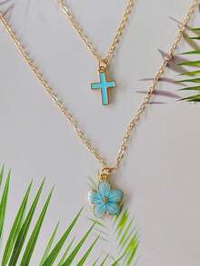 2 Pcs/Set Exquisite Fashion Five-Petal & Cross Pendant Necklace For Women,Cute Charm Summer Clavicle Necklace Sweet Cute Street Accessory Gift For Daily Life - Multicolor - View 8