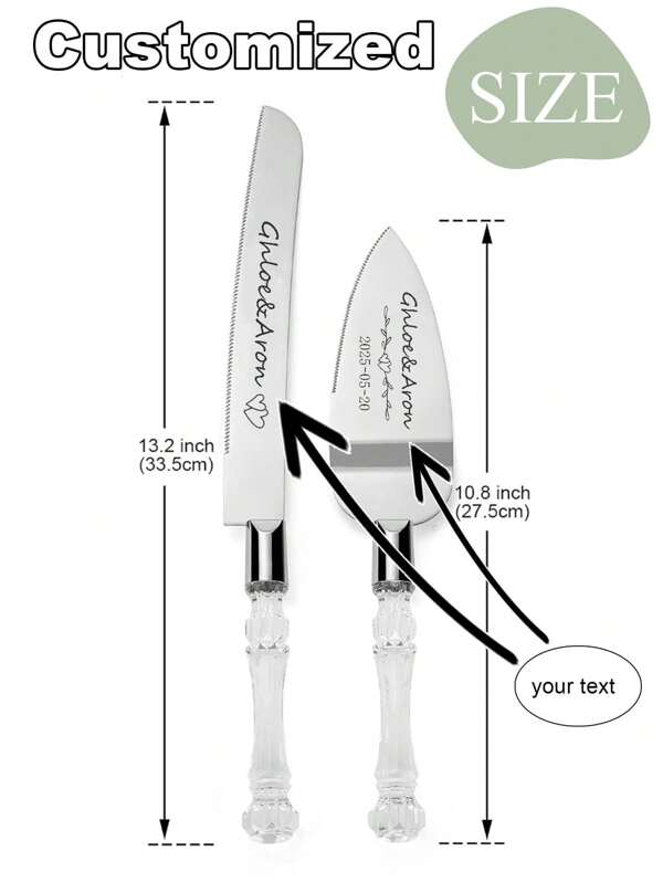 2 Stücke personalisiertes Kristall Griff Tortenschneideset für Hochzeiten, individuell graviertes Tortenmesser aus Edelstahl, Messergröße: 33,5 cm/13,2 Zoll, Spatelgröße: 27,5 cm/10,8 Zoll, Hochzeit Torte Messer und Servierset, Tortenschneideset für Hochzeiten