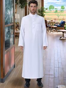 ثوب رجالي كاجوال فاخر على الطراز العربي التقليدي، مصنوع من قماش مريح وقابل للتنفس، مناسب لعيد الأضحى والأعراس والاستخدام اليومي، متوفر بأحجام وألوان متعددة - أبيض - مشاهدة 5