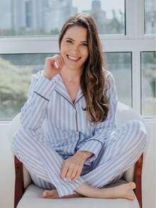 Women's Long American Cotton Pajamas With Button For Winter And Cold Weather, Adults Recommended For Pregnant Women, Breastfeeding And Post-Surgery - Blue Striped - 藍色 - 查看 2