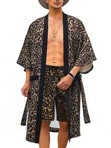 男士豹纹沙滩长袍，中长款轻薄透气罩衫，适合海滩、泳池、派对，3/4 袖，腰带，舒适家居长袍 - 咖啡棕 - 查看 3