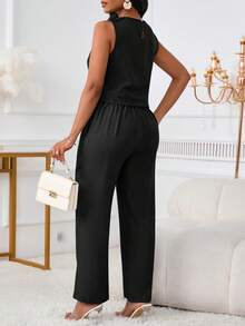 女士时尚休闲优雅无袖上衣和口袋纽扣细节长裤两件套 - 黑色 - 查看 4